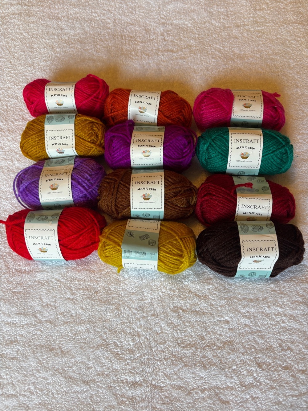 Inscraft Acrylic Yarn Multi-Color Bundle Lot of 12 Sm Skeins Approx 35 yds Ea.